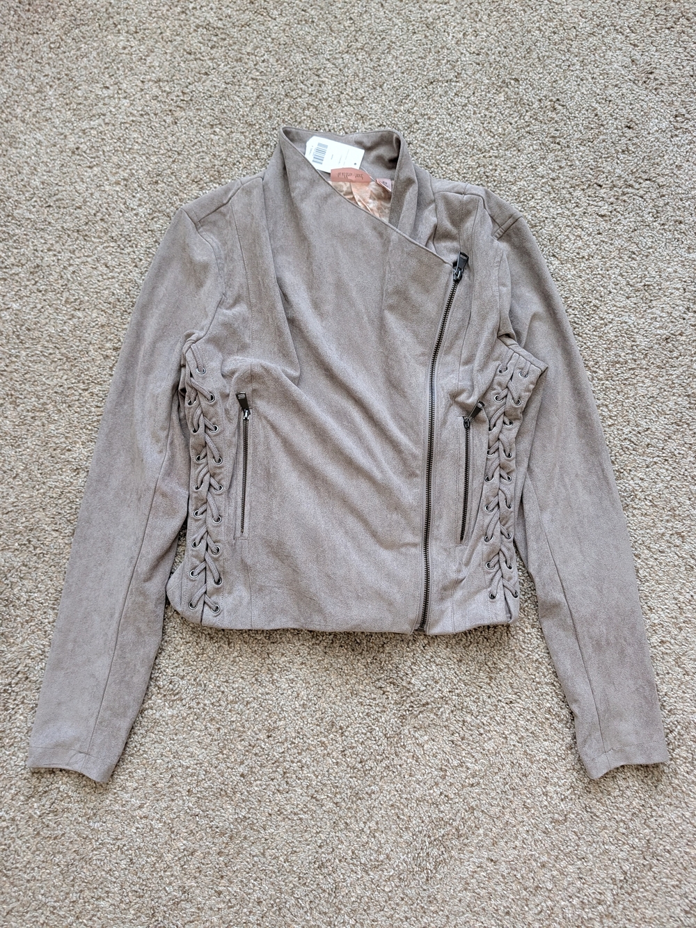 Willow & Root Womens Taupe Gray Faux Suede Side Lace-Up Moto Jacket NWT Size XS